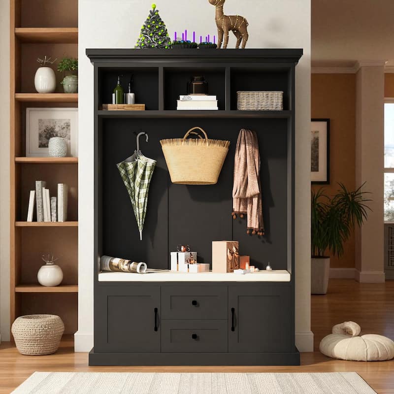 47.2" Hall Tree with Cushion Bench, 3 Hooks, 2 Drawers & 2 Cabinets, Entryway Coat Rack Storage Organizer
