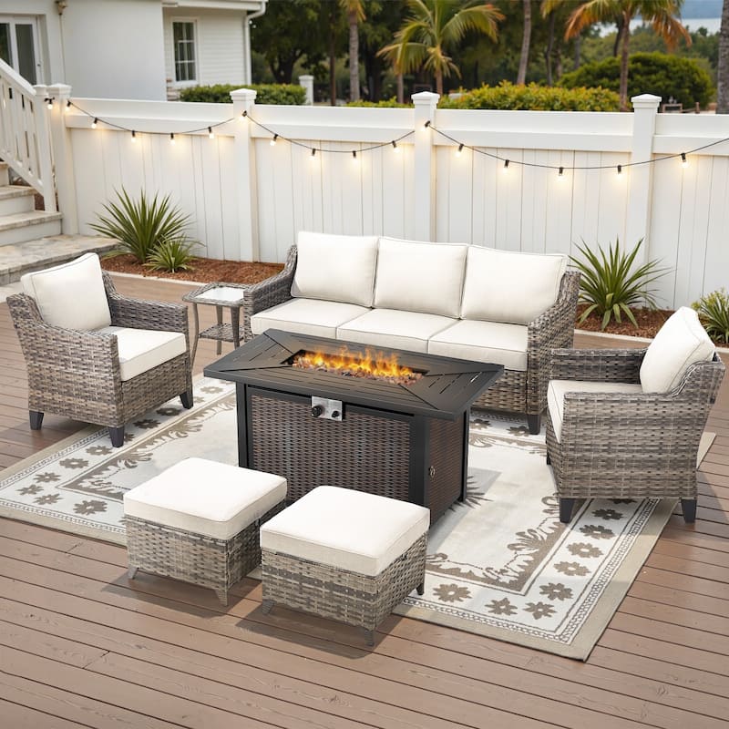 Glissia 7-Piece Gray Wicker Fire Pit Conversation Set with Wicker fire pit - Beige Cushions - Gray Wicker