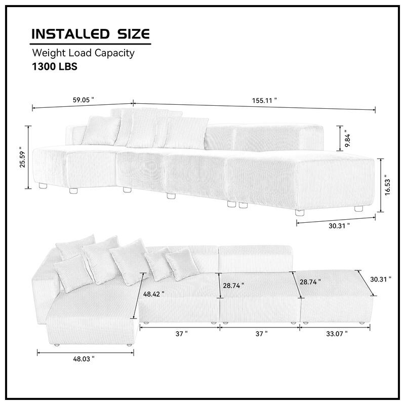 Soft Corduroy 4-Piece Modular L-Shaped Sofa Set, Beige