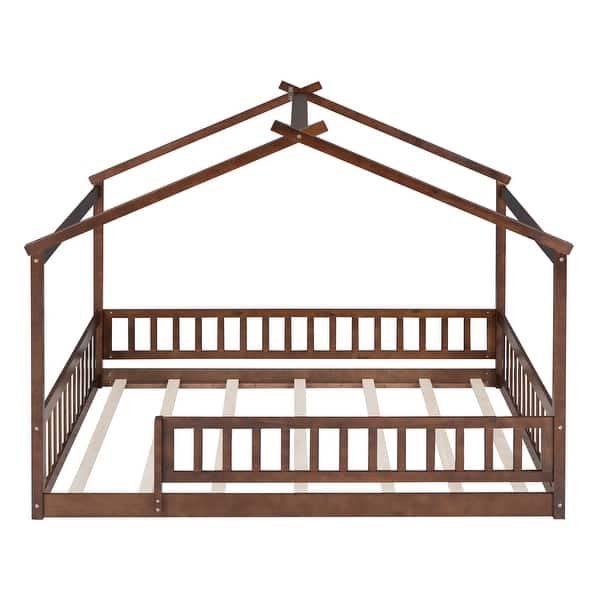slide 2 of 9, Kids House Bed with Roof & Fence, Pine Wood Bed Frame,Walnut - Full