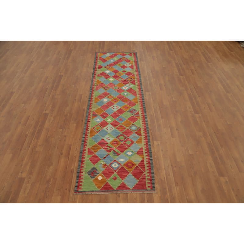 Hand Woven Oriental 100% Wool Carpet Southwestern Tribal Multi-Colored Kilim Runner Rug - 10' 0'' X 2' 9''