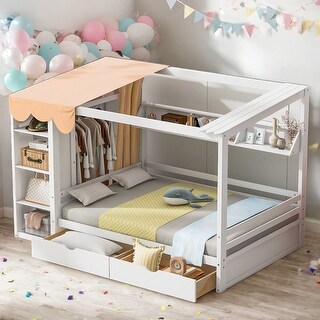 Full size House Bed with Two Drawers and Built-in Wardrobe for Home