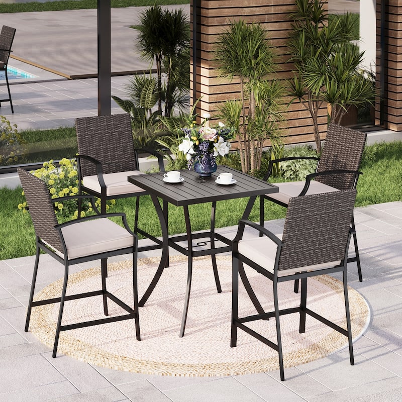 MAISON ARTS 3/5-Piece Patio High Bar Stool Set Rattan Chair Back Cushioned High Bar stool & Steel High Table