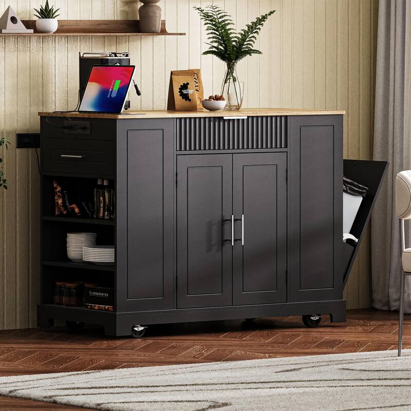 Fluted Kitchen Island Black with Trash Storage 3 Drawers Power Outlet 5-Wheel