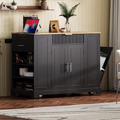 Kitchen Island with Trash Can Storage Cabinet, Dining Table with Power Outlet, Kitchen Cart with Adjustable Shelves
