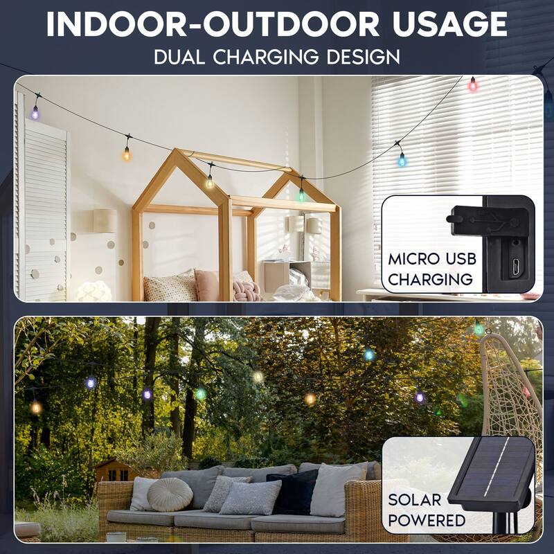 Luxrite 35FT RGBW LED Outdoor Solar String Lights, Remote Control, Commercial Grade, 15 S14 Shatterproof Bulbs, IP65 - 35 FT
