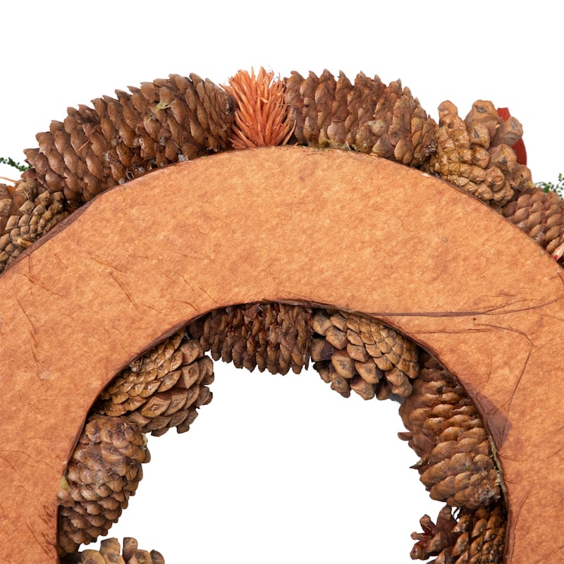 Autumn Harvest Orange Flowers Gourds Pine Cone Wreath 13.25 Inch Unlit