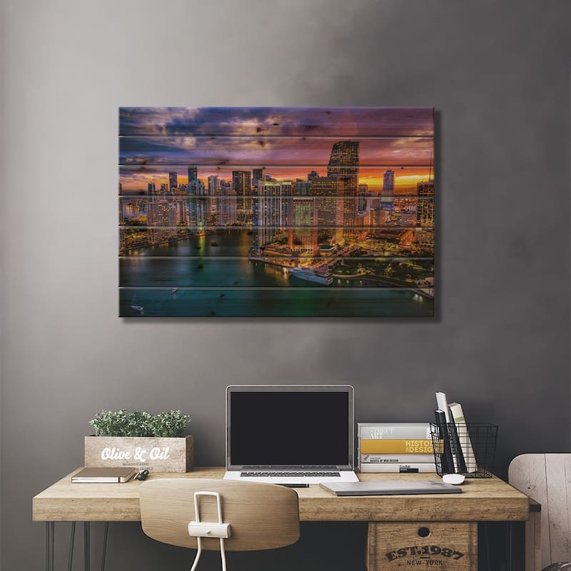 Florida Miami Downtown Skyline Sunset Cityscape I Print On Wood by Alex G Perez - Multi-Color