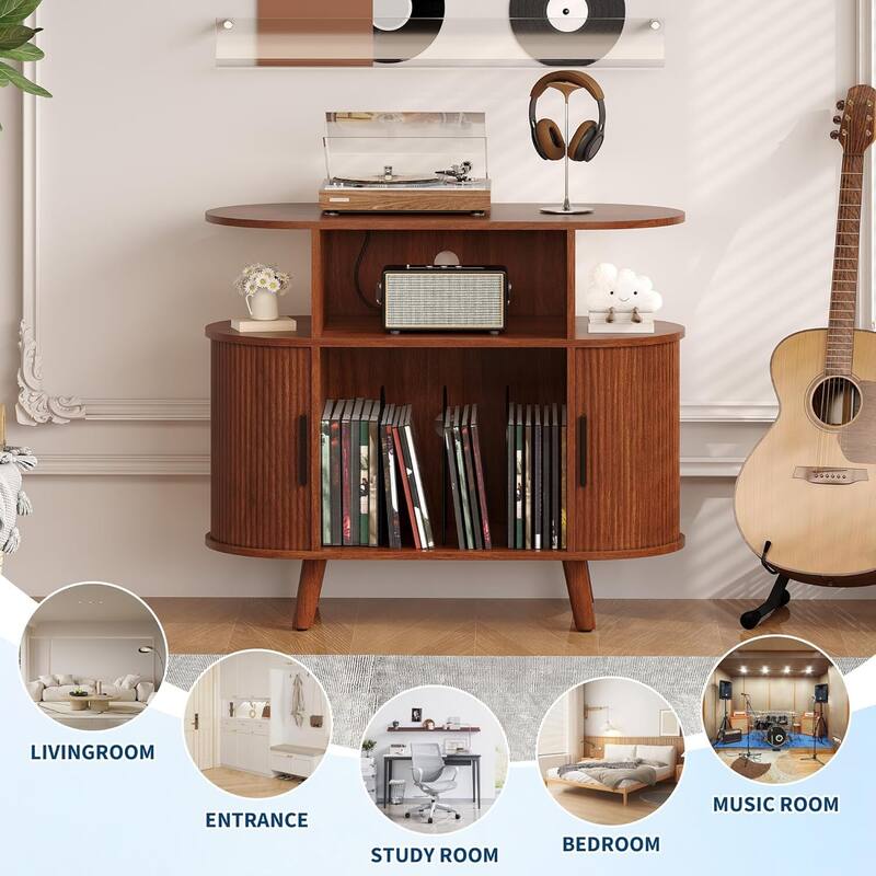 Vinyl Record Storage Cabinet, Small TV Stand with Charging Station - N/A