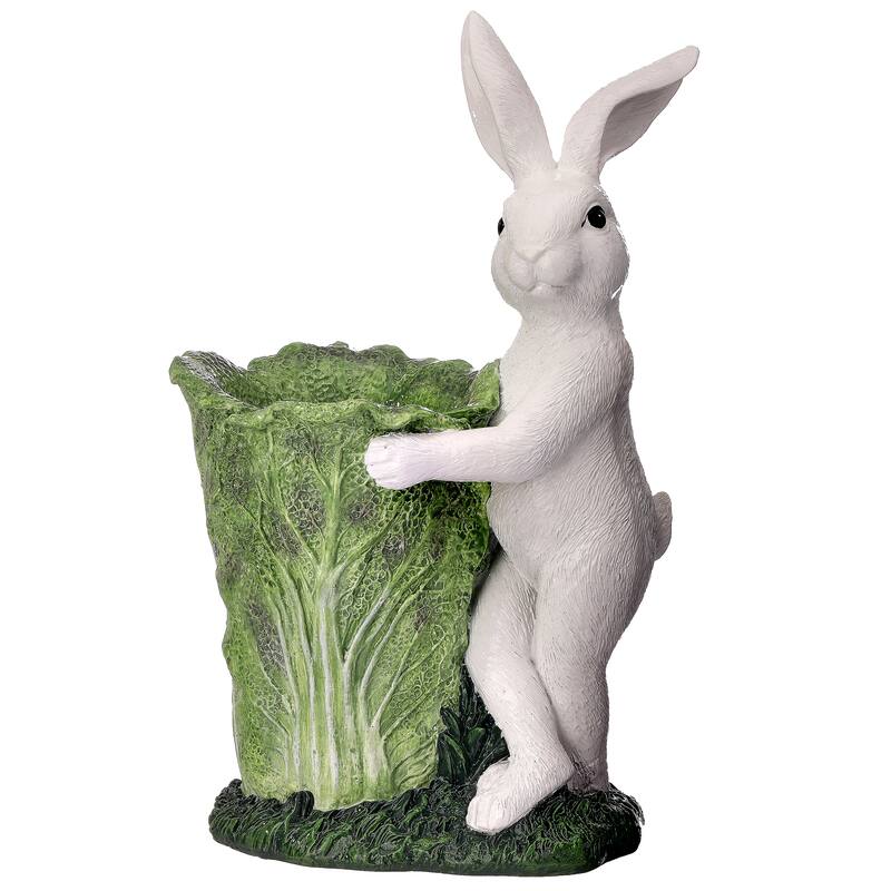 12" Resin Bunny With Cabbage Pot