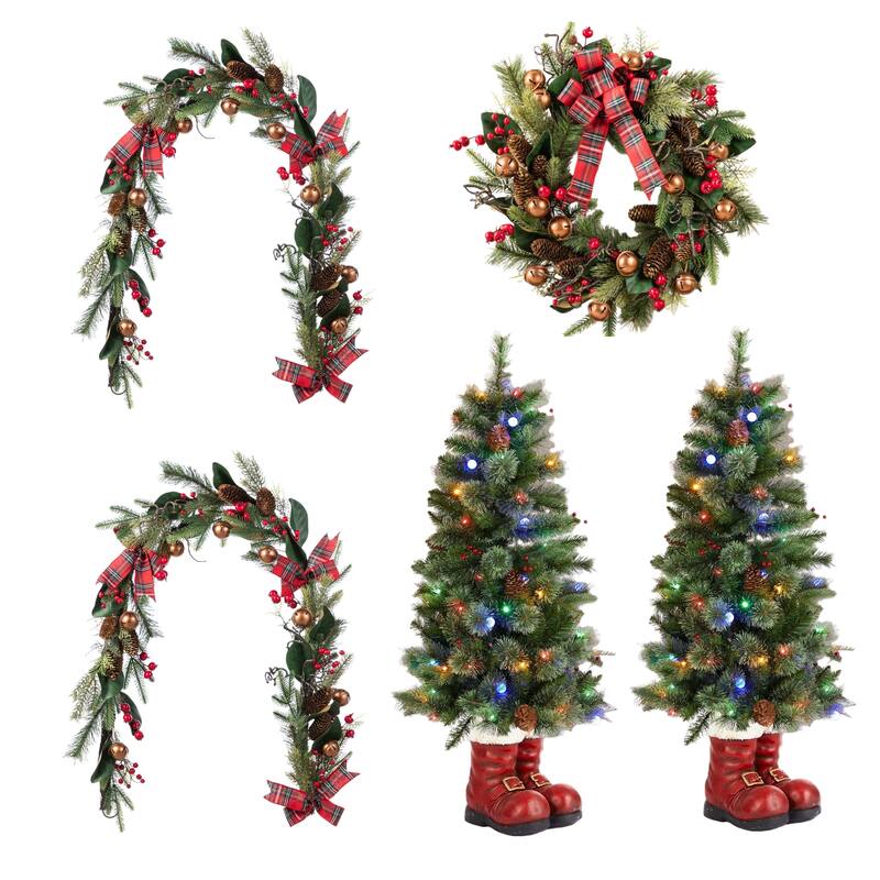 Glitzhome 4.5ft LED Lighted Christmas Tree with Santa Boots Base, Berry Bow Wreath, Garland Set for Front Door Entryway - 5PK-Trees&Garlands&Wreath