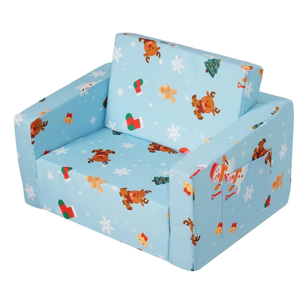 Sky Blue Foam Foldable Kids Sofa Bed with Printed Fabric and Zippers - 40.94” L x 22.83” W x 12.60” H