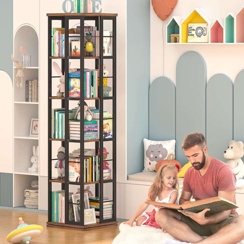 5-Tier Corner Rotating Bookshelf, 360 Display Wood Spinning Bookshelf, Floor Standing Bookcase Organizer Storage Rack