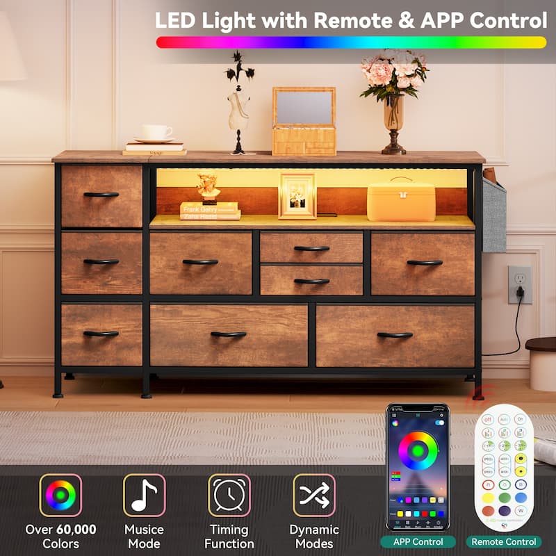 Moasis 50"W 9-drawer Fabric Dresser, Media Console, TV Stand with Outlets, RGB Lights