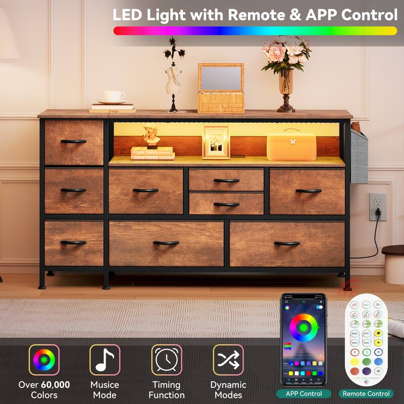 Moasis 50"W 9-drawer Fabric Dresser, Media Console, TV Stand with Outlets, RGB Lights