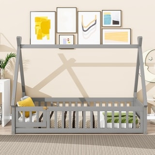 Twin/Full Size Tent-Shaped Floor Bed with Fence & Door, Wooden Montessori Floor Bedframe with Slats Support for Kids Girls Boys