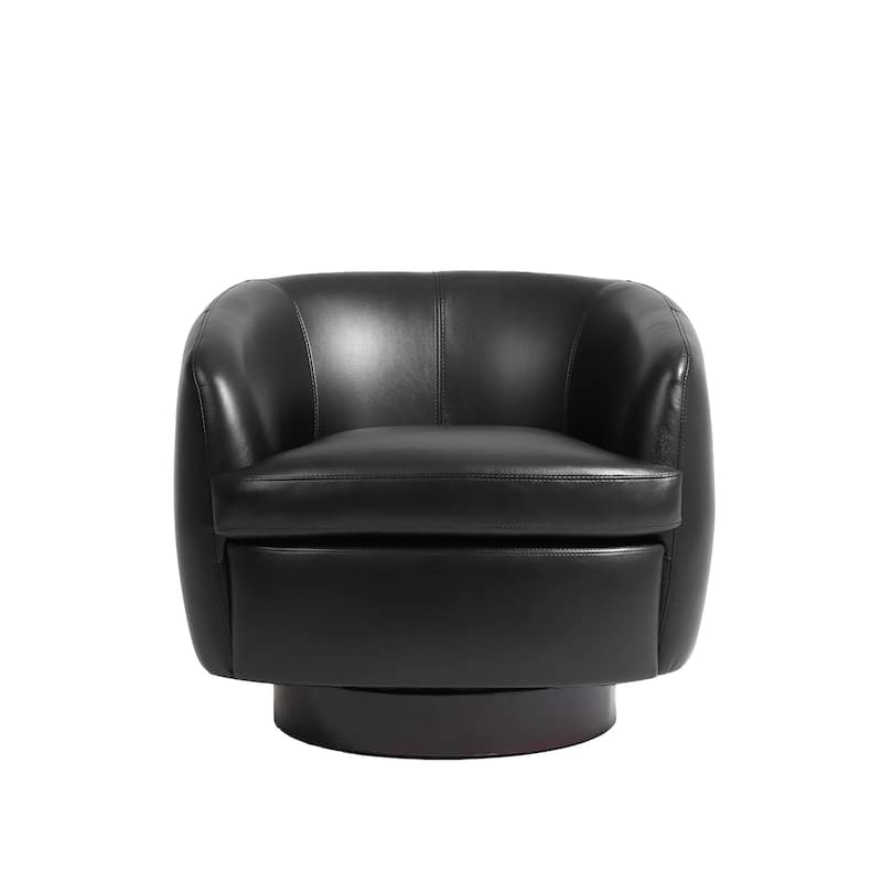 Leather Upholstered Swivel Barrel Accent Chair With Wood Base