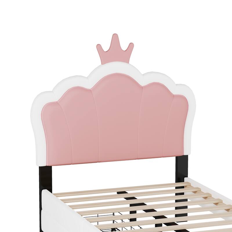 Twin Size Platform Bed with Crown Headboard and 2 Drawers, Upholstered Princess Bed