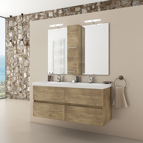 slide 2 of 4, Selene 48" Floating Vanity in Natural Wood Finish with Double Sinks