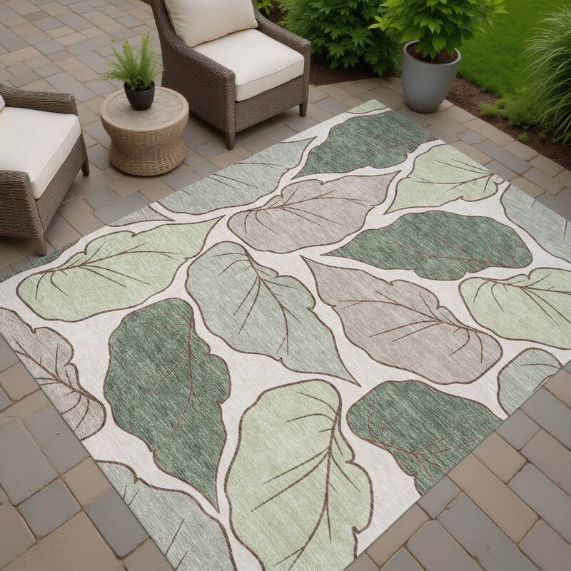 Machine Washable Indoor/ Outdoor Contemporary Floral Chantille Rug - Basil - 10' x 14'