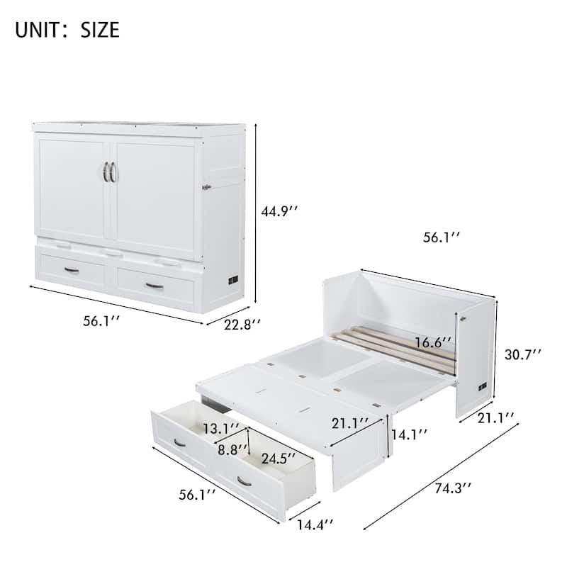 Full Size Space-Saving Design Murphy Bed with USB Ports, Large Drawers and Metal Handles