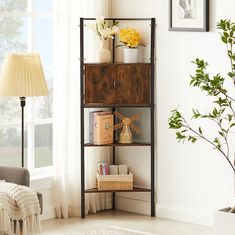 VECELO 59 inch Tall 5-tier Corner Bookshelf with Door Triangle Storage Shelves Plant Stand - Brown