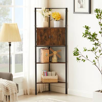 VECELO 59 inch Tall 5-tier Corner Bookshelf with Door Triangle Storage Shelves Plant Stand