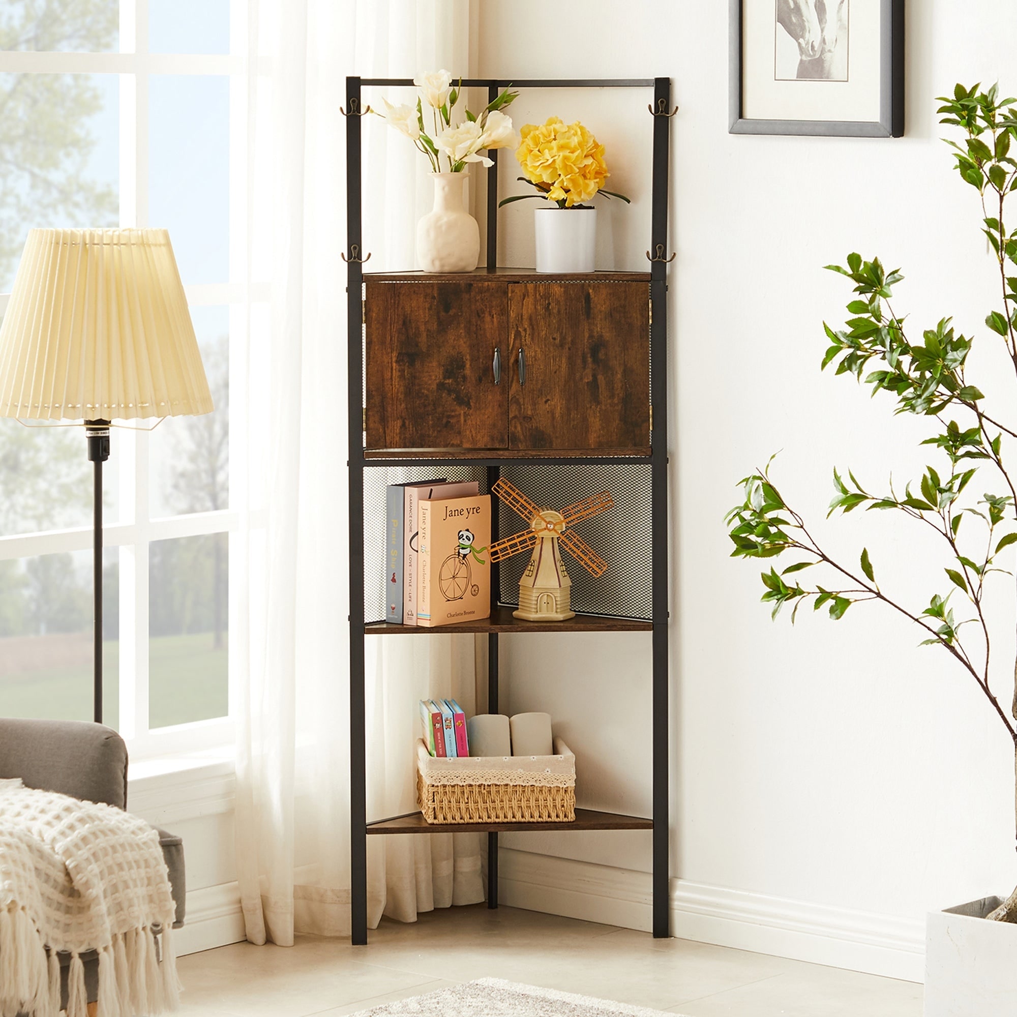 VECELO 59 inch Tall 5-tier Corner Bookshelf with Door Triangle Storage Shelves Plant Stand