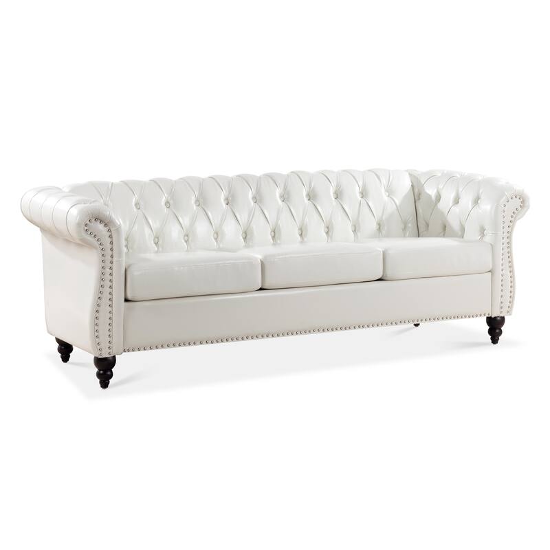 Chesterfield PU Leather 3 Seater Sofa, Upholstered Sofa with Rolled Armrests & Tufted Back, Lounge Sofa with Nailhead Trim