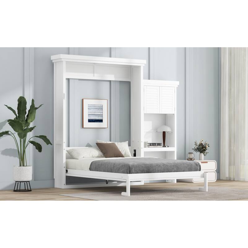 Queen Size Murphy Bed with Storage Shelves and Louvered Design, White