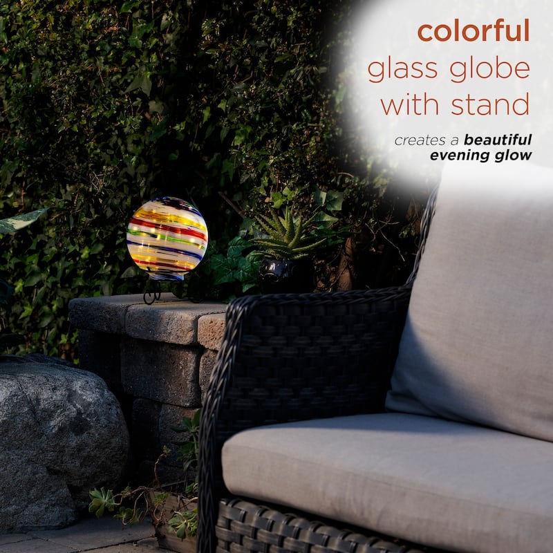 Alpine Corporation 8" Diameter Indoor/Outdoor Glass Gazing Globe with LED Lights and Stand, Multicolor