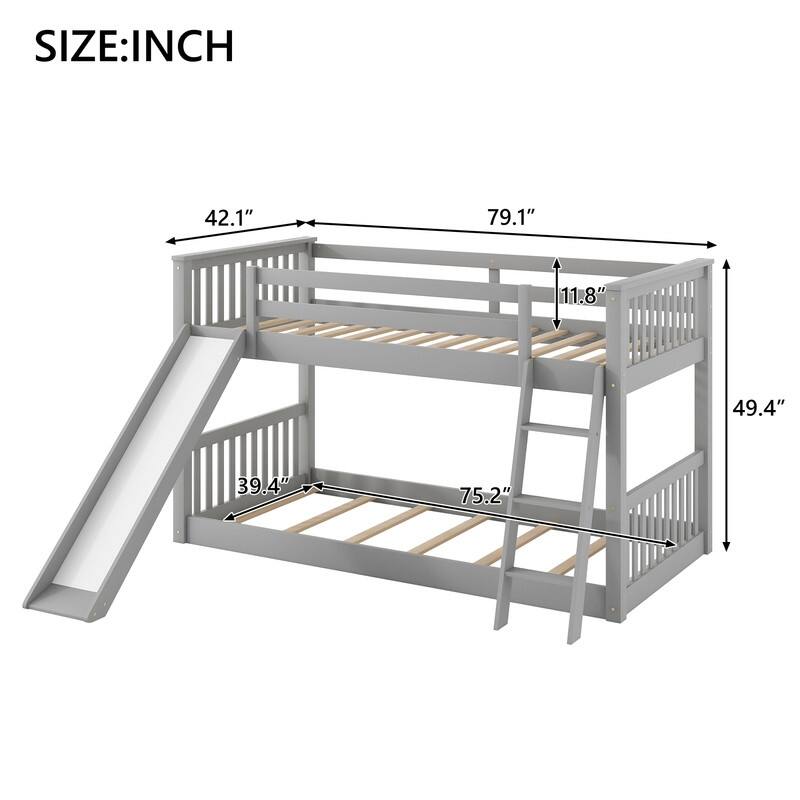 Twin over Twin Bunk Bed with Convertible Slide and Ladder, Gray