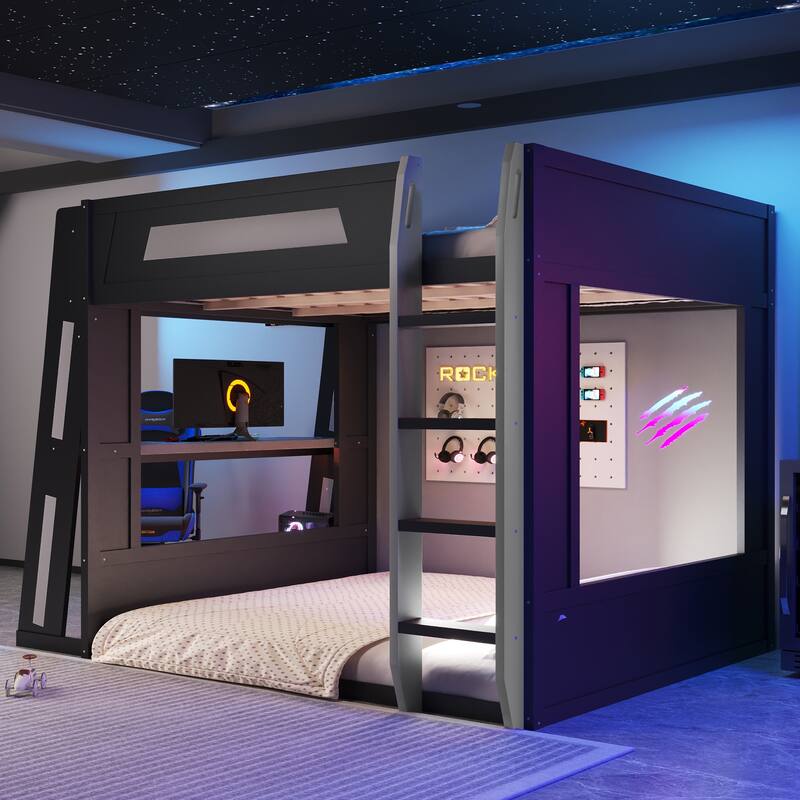 GDFStudio - GameCore Modern Wooden Queen Gaming Bunk Bed with Desk, USB and LED Lighting