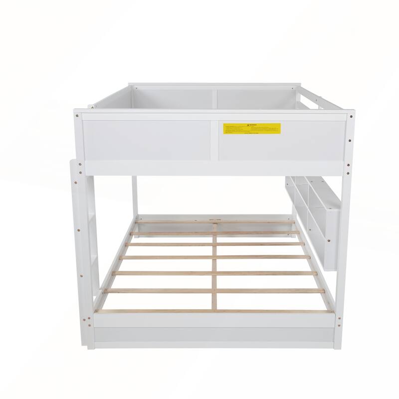 Queen Over Queen Bunk Bed with Built-in Storage Cabinets and Charging Station