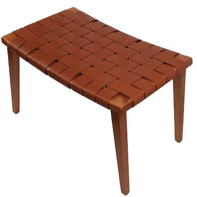 Cognac Leather and Wood Stool Modern Ottoman Foot Rest Seat for Home