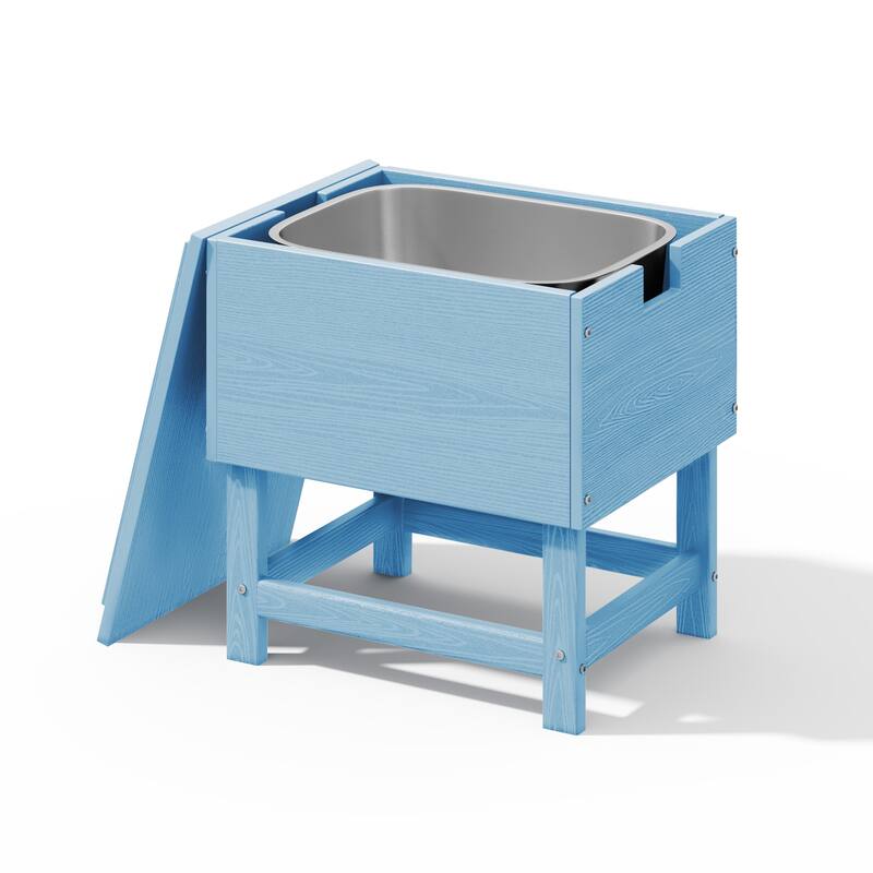 Outdoor Patio Weather Resistant HDPE Coffee & Side Table, Build-in Stainless Steel Cooler Bucket - Light Blue