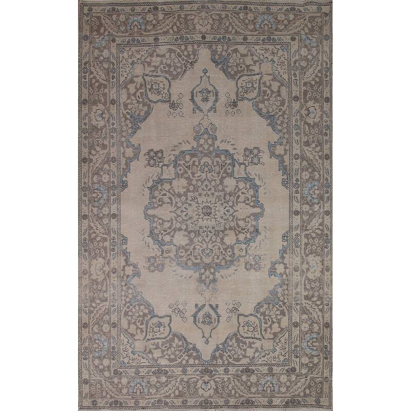 Distressed Tabriz Persian Area Rug Handmade Vintage Wool Carpet - 6'5" x 9'4"