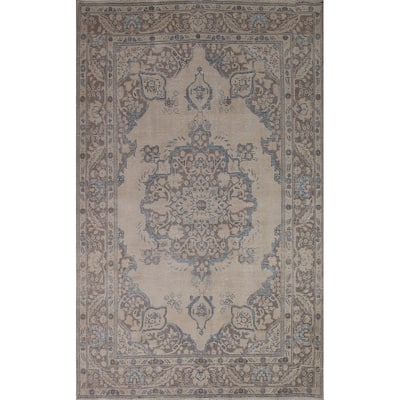 Distressed Tabriz Persian Area Rug Handmade Vintage Wool Carpet - 6'5" x 9'4"