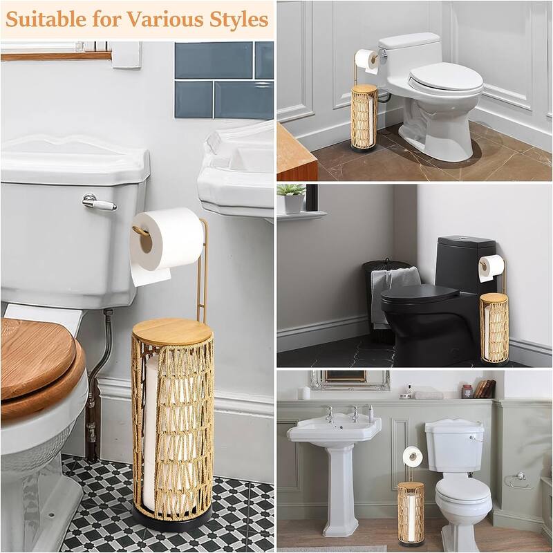 Freestanding Toilet Paper Holder with Storage,3 Rolls of Tissue Holder,Handmade Woven Toilet Paper Roll Holder Stand - Brown