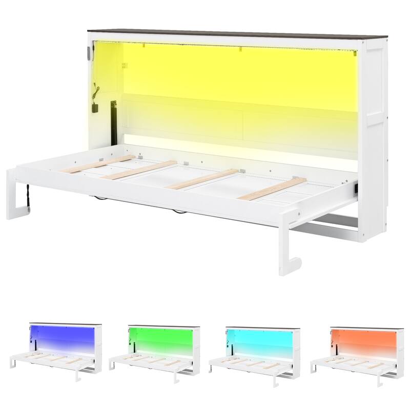 Twin Size Murphy Bed with LED Light, Foldable into a Cabinet, and Hydraulic Lift System - White - Twin