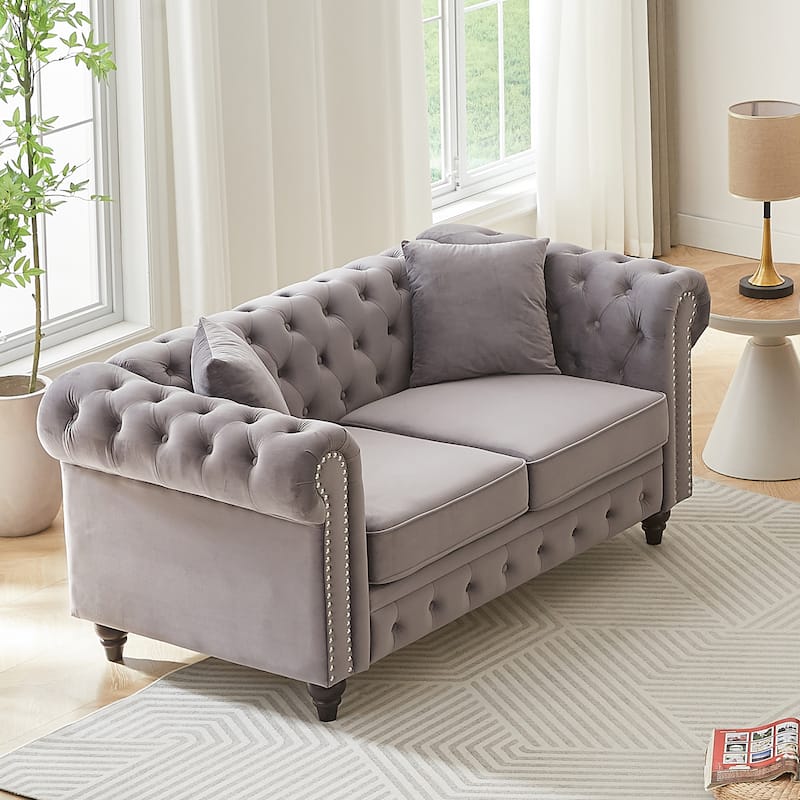 63.5"Sectional Sofa, Button Tufted With Nail Design Arms With 2 Pillows, Upholstered Fabric And Wood Legs