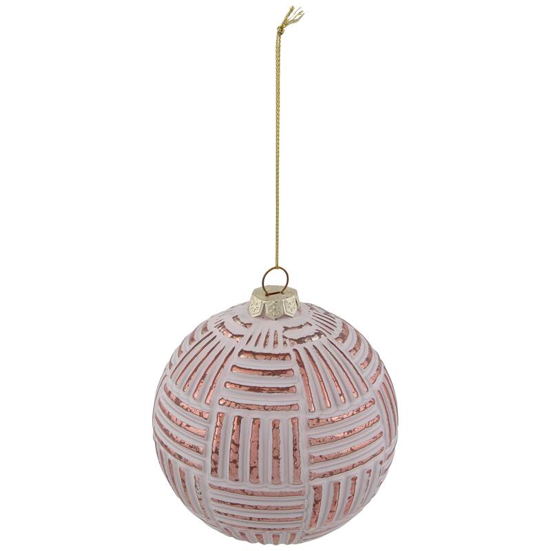 Textured Stripes Glass Christmas Ball Ornament - 4" (100mm) - White and Rose Gold