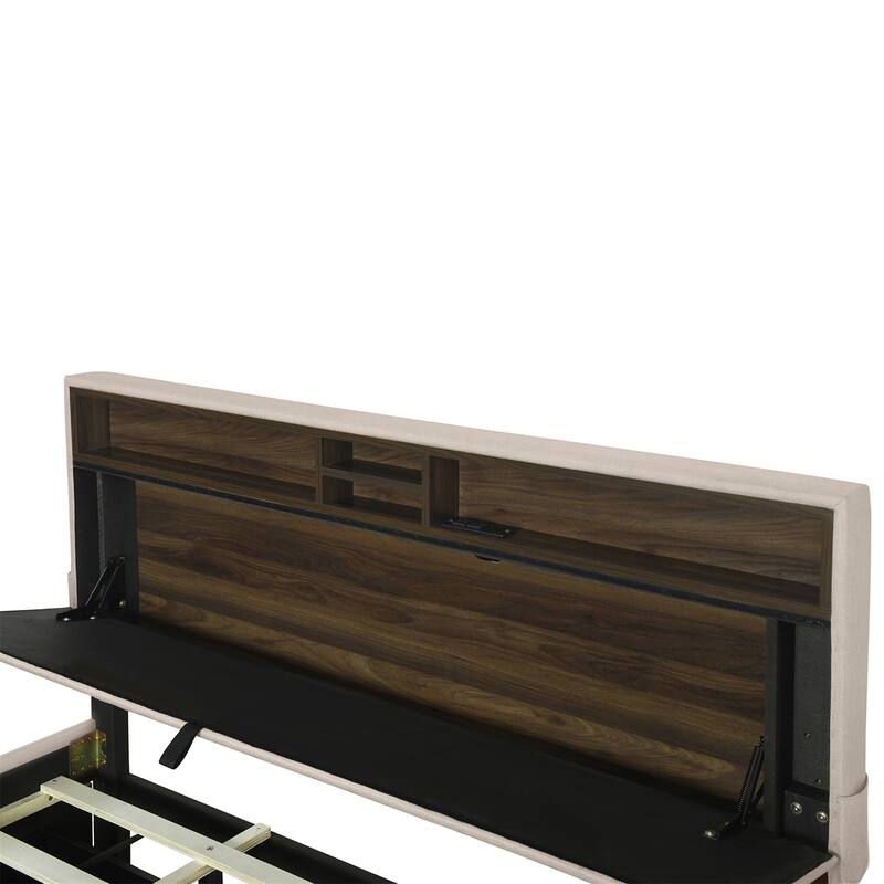 Queen size Upholstered Platform Bed w/ Twin XL Size Trundle & 2 Drawer