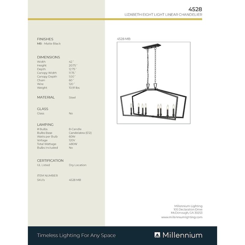 Millennium Lighting Lizabeth 6 Light Chandelier Ceiling Fixture in Matte Black