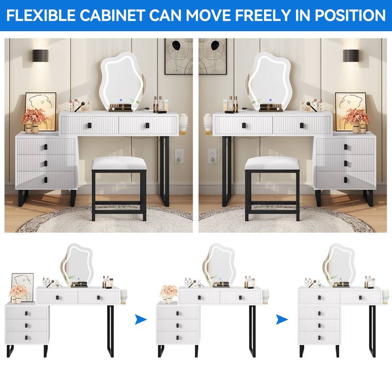 Moasis Makeup Vanity Set with Mirror Stool Power Station 5 Drawers Dressing Table Desk - 43.3 x 15.74 x 49.9 inch (L x W x H)