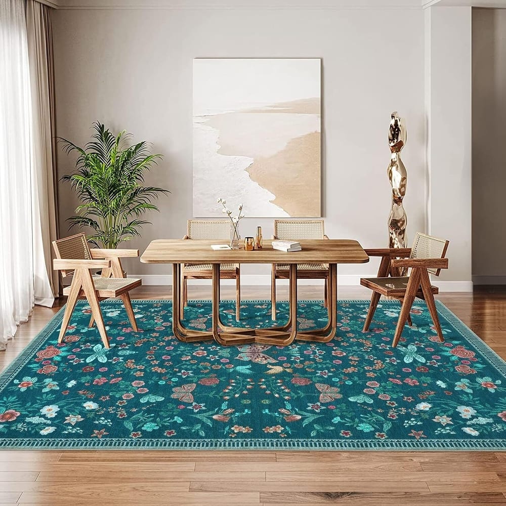 Modern Floral Machine Washable Indoor Waterproof Area Rug for Bedroom, Living Room, Dark Green - 2' x 3'