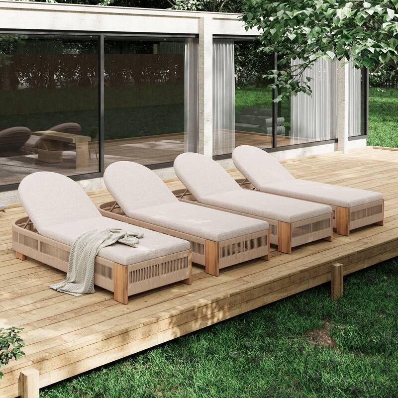 Acacia Wood Outdoor Chaise Lounge with Adjustable Backrest & Cushion , Pool, Beach & Yard Lounge Chair