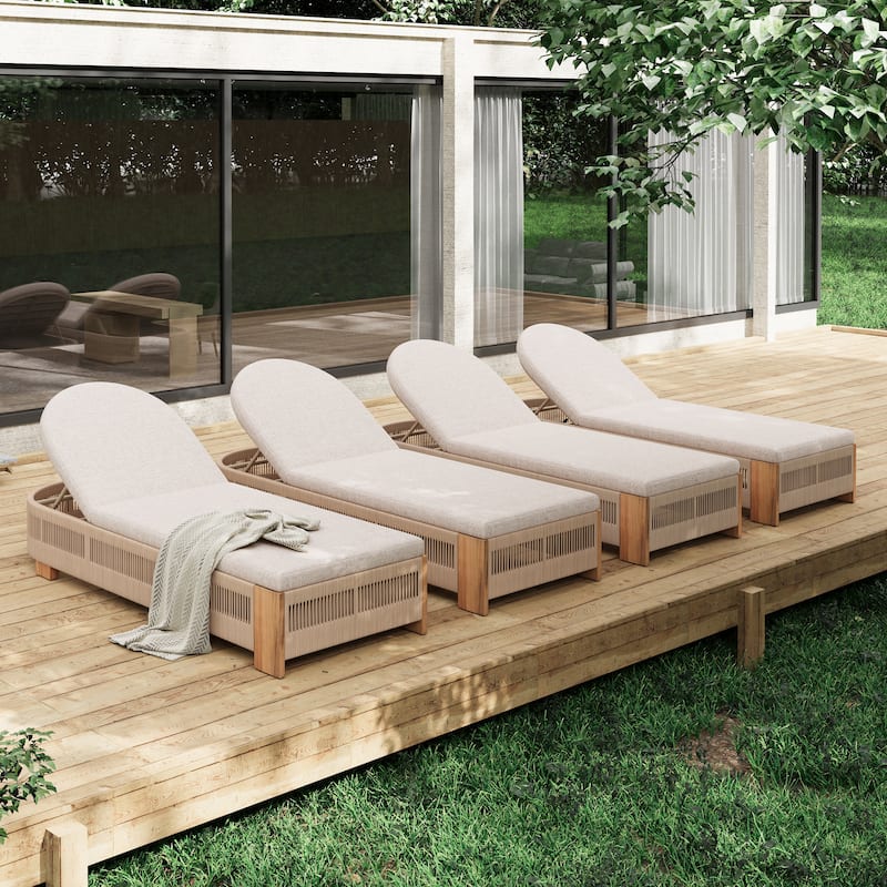 Outdoor Chaise Lounge w/Adjustable Backrest and Waterproof Cushion, Acacia Wood Pool Chair