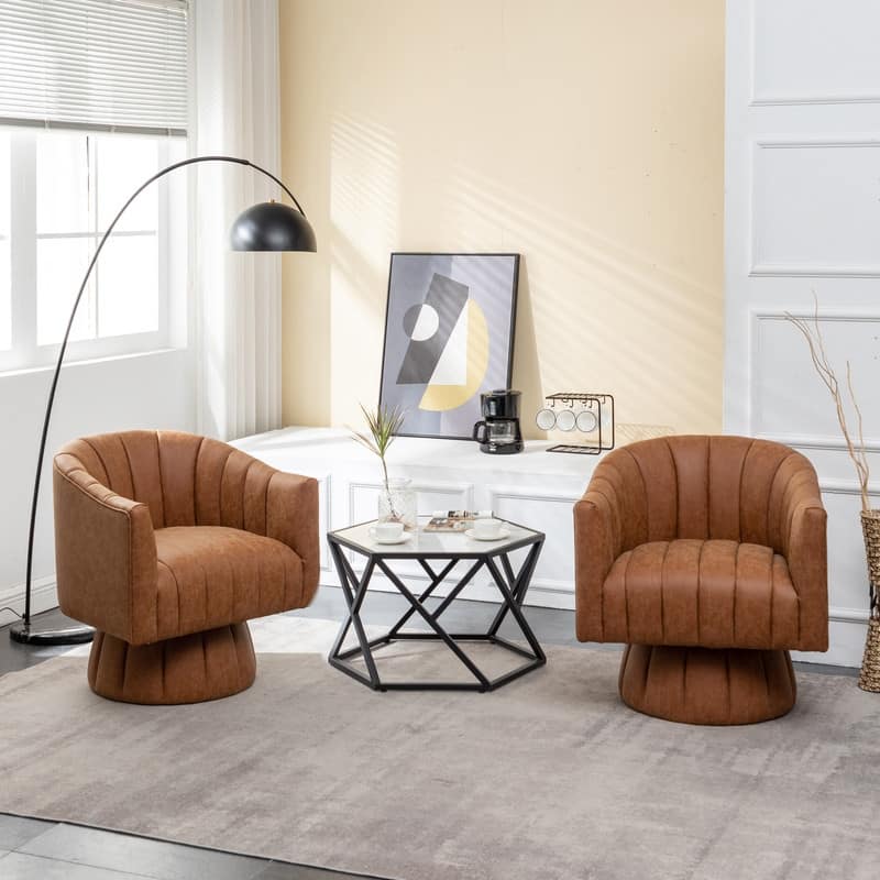 SEYNAR Mid-Century Swivel PU Leather Tufted Round Accent Barrel Chair set of 2