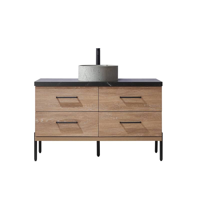 Trento Bath Vanity with Sintered Stone Top with Concrete Sink (R) - 48 in. - North American Oak-No Mirror